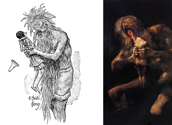 Carlo Chiostri's illustration of the monster eating Pinocchio and Francisco Goya's Saturn Devouring His Son.