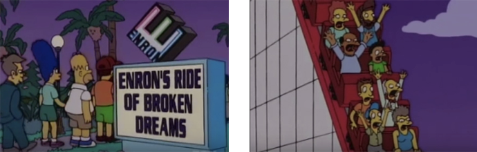 Stills from an episode of The Simpsons, featuring the Enron’s Ride of Broken Dreams